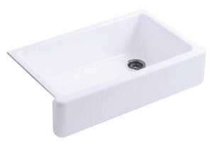 KOHLER K-6489-0 Whitehaven Self-Trimming Apron Front Single Basin Sink with Tall Apron, White