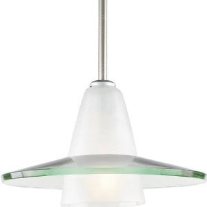 Progress Lighting P5011-09 Contemporary Stem-Hung Pendant with An Etched Glass C1 Supporting A Curved Clear Glass Shade Canopy, Brushed Nickel