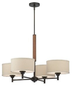 Forecast Lighting F1300-20 Embarcadero Four-Light Chandelier with Vanilla Fabric Shades and Etched White Diffuser, Sorrel Bronze with Wood Accents