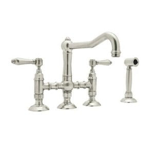 Rohl A1458LMWSPN-2 Country Kitchen Three Leg Bridge Faucet with Metal Levers Sidespray and 9-Inch Reach Column Spout, Polished Nickel
