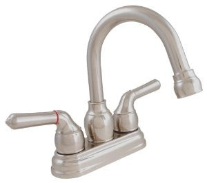LDR 952 46405BN Exquisite Bathroom Faucet, Gooseneck Swing Spout, Dual Tulip Handle, With Pop-Up, Lifetime Plastic, Brushed Nickel