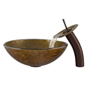 VIGO VGT018RBRND Textured Copper Glass Vessel Sink and Waterfall Faucet Set in Oil Rubbed Bronze