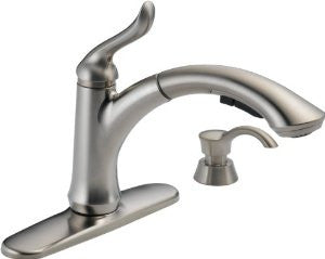 Delta 4353-SSSD-DST Linden Single Handle Pull-Out Kitchen Faucet with Soap Dispenser, Stainless