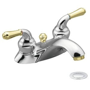 Moen 4551CP Monticello Two-Handle Low Arc Lavatory Faucet with Drain Assembly, Chrome and Polished Brass