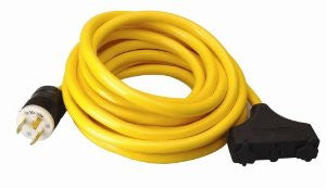 Coleman Cable 01912 25-Feet 10/3 Generator Power Cord with L5-30P Plug and 3-Outlets