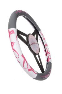 Driving Out Breast Cancer Steering Wheel Cover - Gray and Pink with Large Pink Ribbons