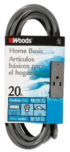 Woods 2867 20-Foot 3-Outlet Extension Cord with Power Tap, Gray
