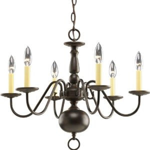 Progress Lighting P4356-20 6-Light Americana Chandelier with Delicate Arms and Decorative Center Column and Candelabra Lamps, Antique Bronze