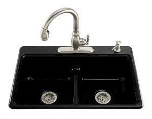 Kohler K-5838-4-7 Deerfield Smart Divide Self-Rimming Kitchen Sink with Double Equal Basins and Four-Hole Faucet Drilling, Black Black