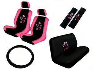 11 Piece Auto Interior Gift Set - 2 Multicolor Red and Pink Hearts Front Low Back Bucket Seat Covers, 2 Multicolor Red and Pink Hearts Head Rest Covers, 1 Multicolor Red and Pink Hearts Steering Wheel Cover, 2 Multicolor Red and Pink Hearts Shoulder Harne