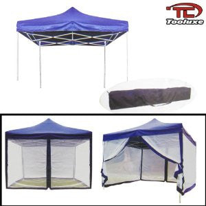 Tooluxe Durable 10-ft x 10-ft Canopy with Mosquito Net, Foldable, Blue Tarp, Metal Frame