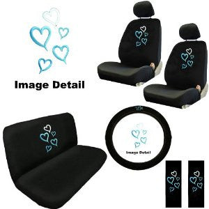 Love Story Blue Hearts Car Truck SUV Universal-Fit Bucket Seat Covers Bench Seat Cover Steering Wheel Cover & Shoudler Belt Pads Auto Accessories Interior Combo Kit Gift Set - 11PC
