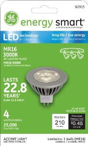 GE Lighting 62915 Energy Smart LED 4.5-Watt (20-watt replacement) 210-Lumen MR16 Floodlight Bulb with GU5.3 Base, 1-Pack