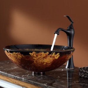 Kraus C-GV-450-12mm-15000ORB Onyx Glass Vessel Sink and Ventus Faucet, Oil Rubbed Bronze